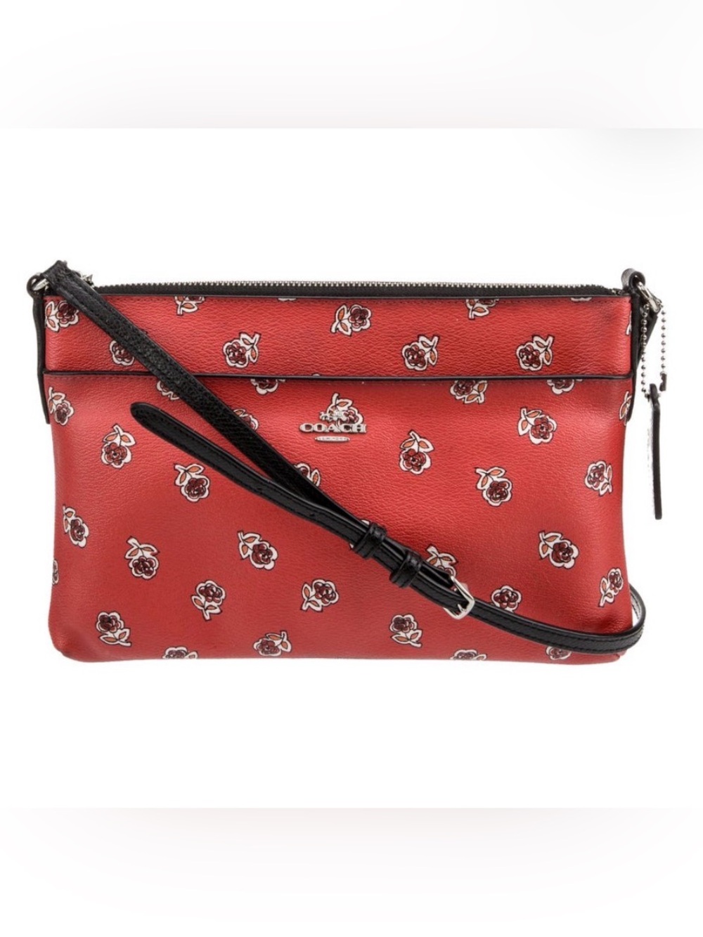 Coach Red Floral Leather Crossbody with Black Strap